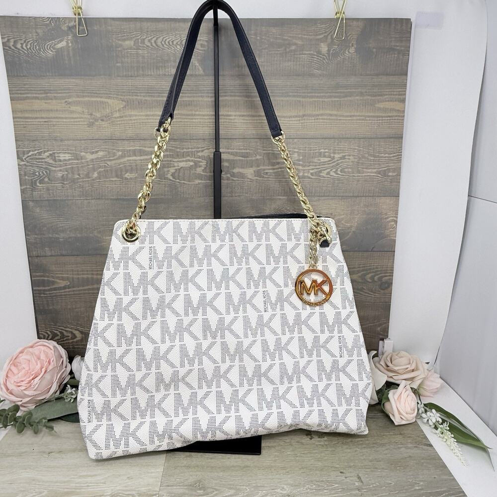 Michael Kors Jet Set Shoulder Bag Logo Purse Vanilla and Blue With Chain Straps